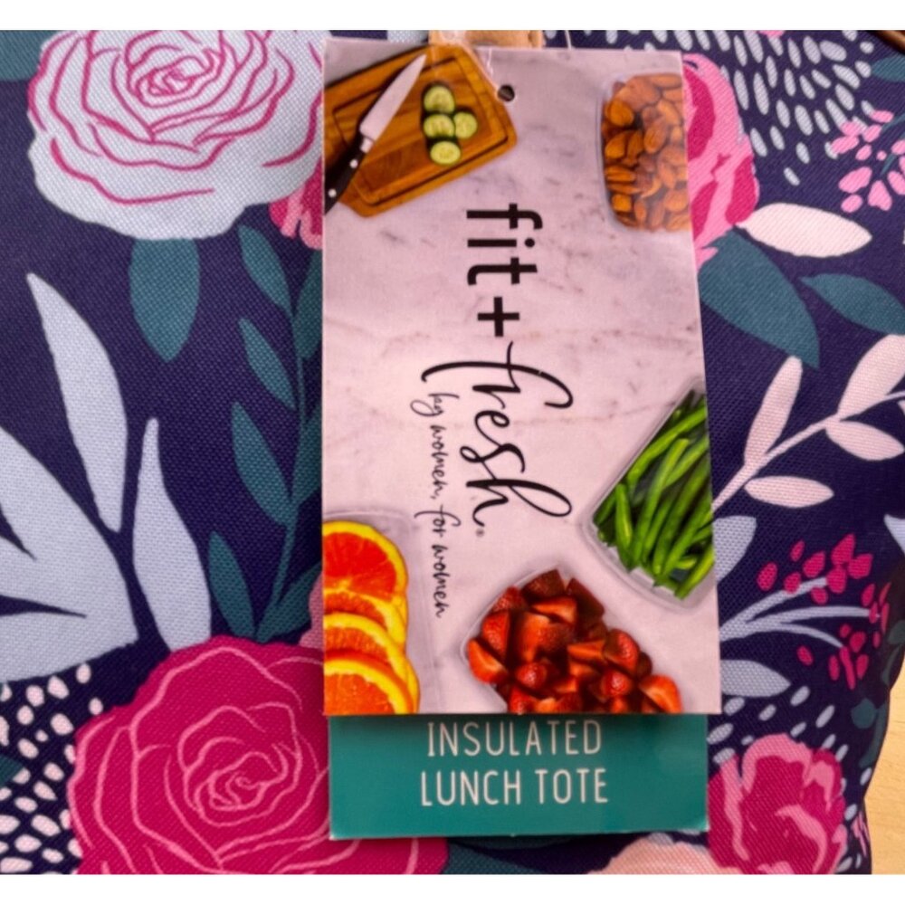 Fit + Fresh Women’s Navy Blue Floral Insulated Lunch Tote With Dual Tan Handles - Picture 6 of 11